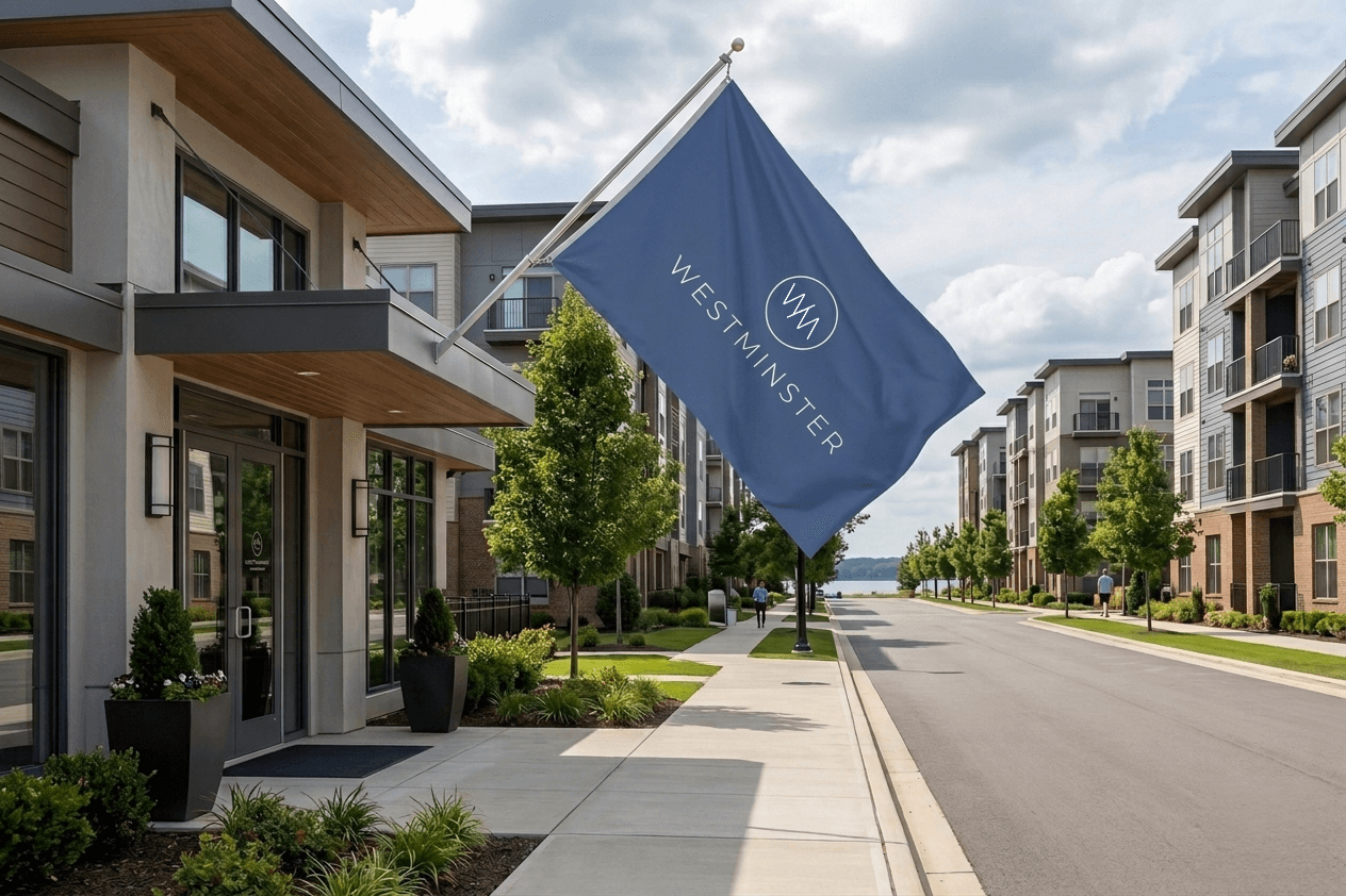 Westminster flag overlooking a residential community